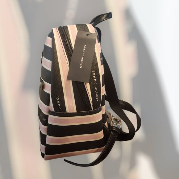 NWT Tommy Hilfiger Striped Small Backpack Purse Black Pink TH Logo - Picture 4 of 5